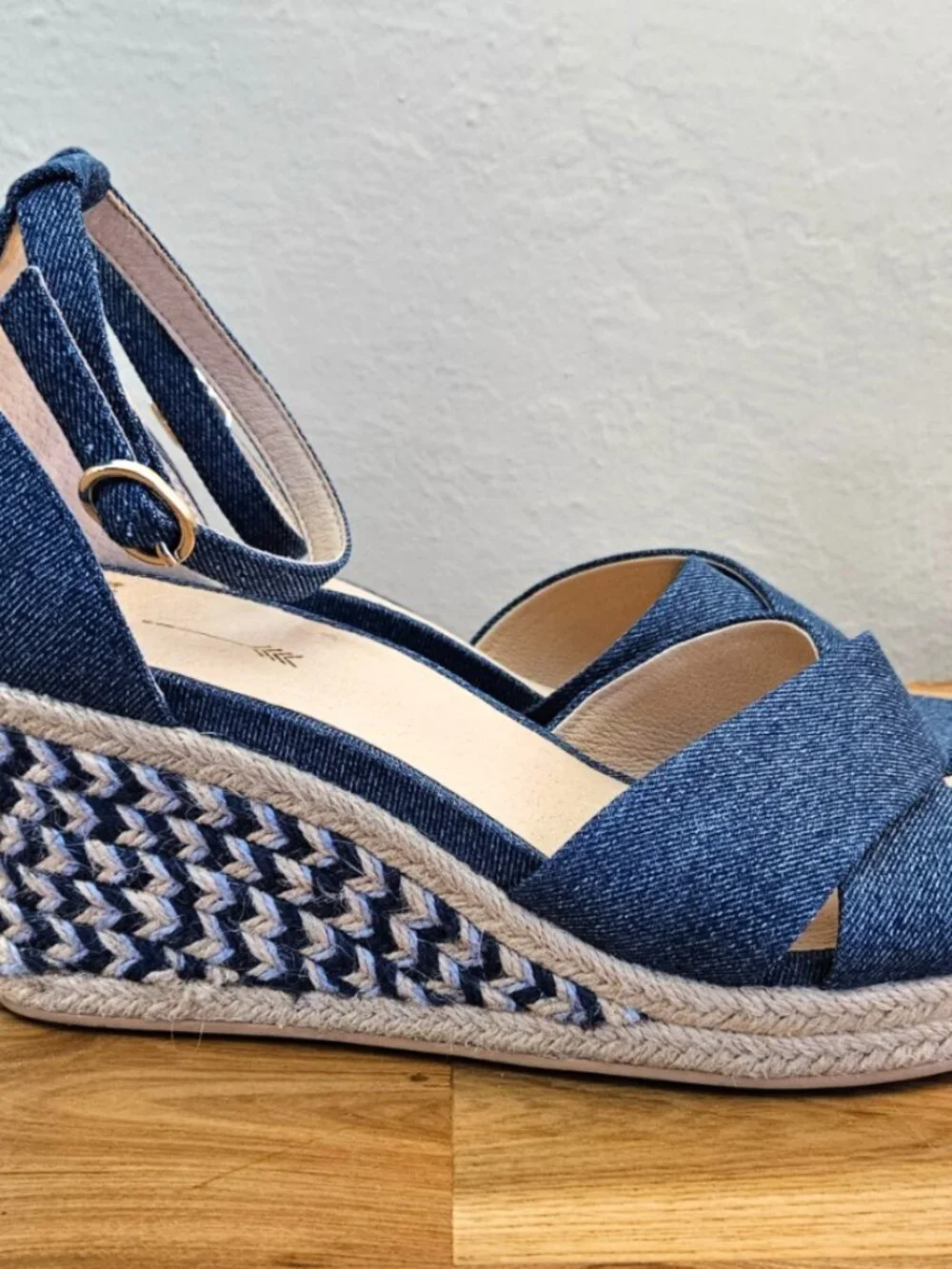 Frankie4 Baker Ankle Strap Espadrille Platform Wedge, Denim Canvas, Size 10